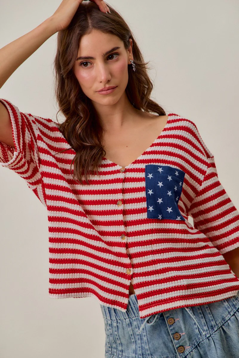 SO ME Stripe Waffle Knit Fourth Of July Cardigan Top - Image 14