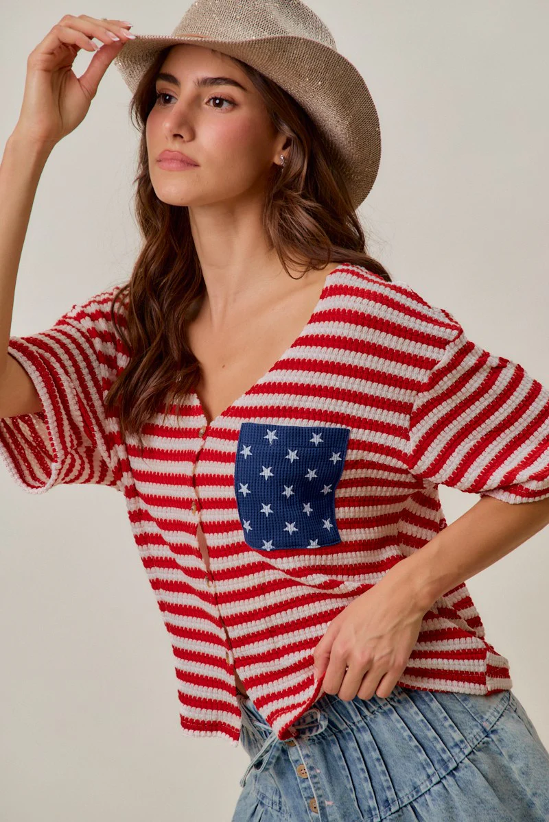 SO ME Stripe Waffle Knit Fourth Of July Cardigan Top - Image 2