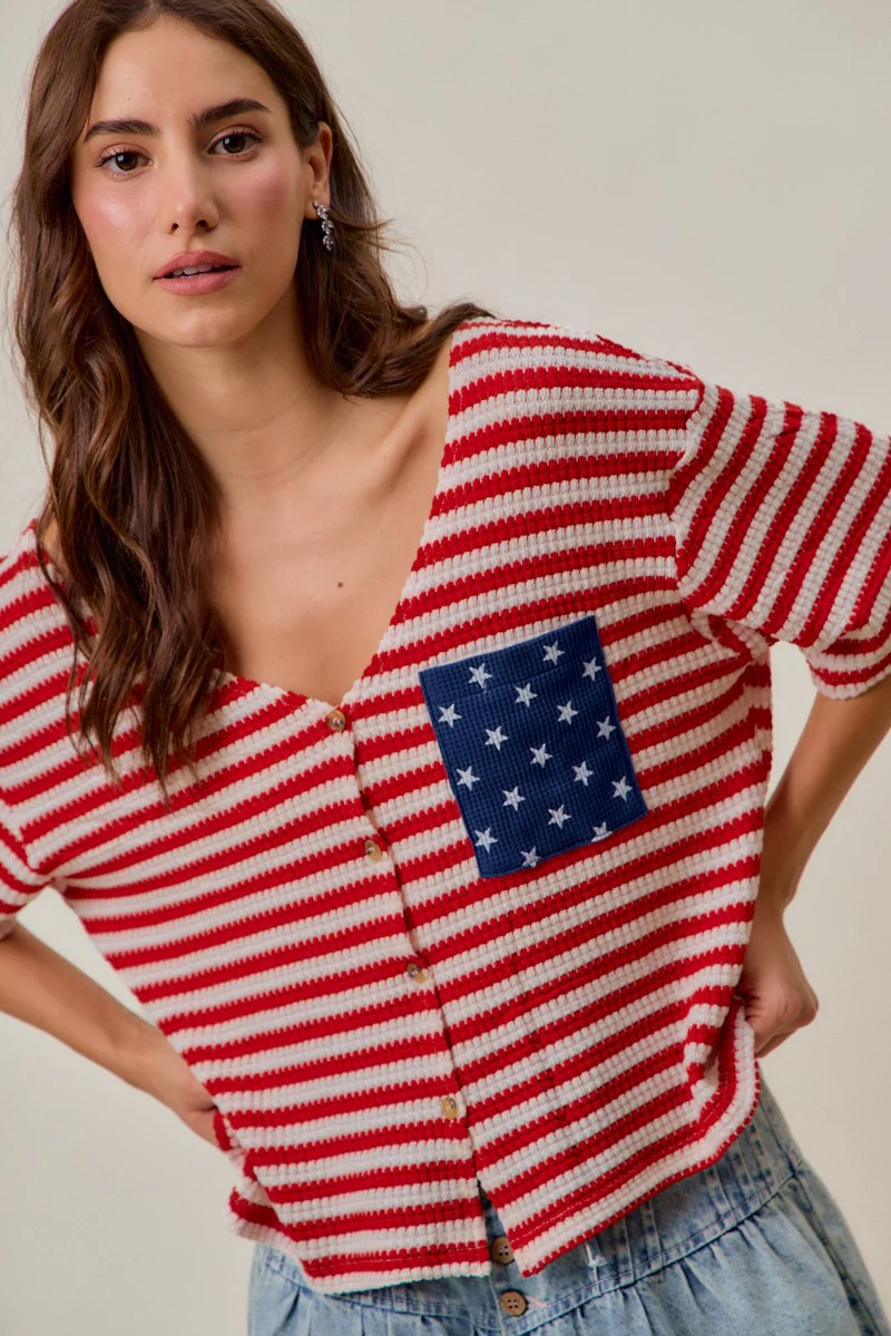 SO ME Stripe Waffle Knit Fourth Of July Cardigan Top - Image 3
