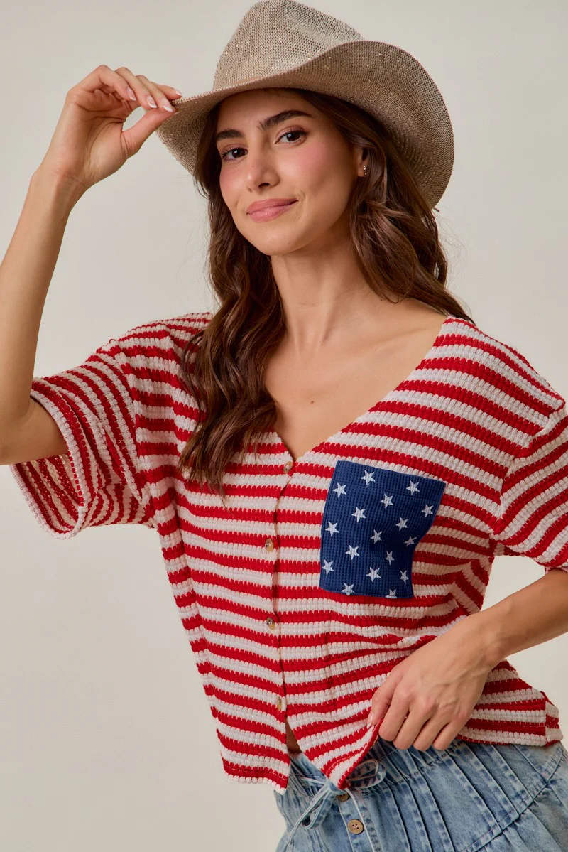 SO ME Stripe Waffle Knit Fourth Of July Cardigan Top - Image 4
