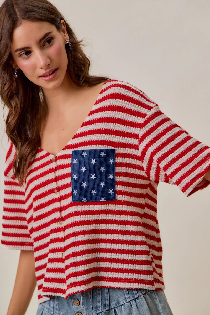 SO ME Stripe Waffle Knit Fourth Of July Cardigan Top - Image 5