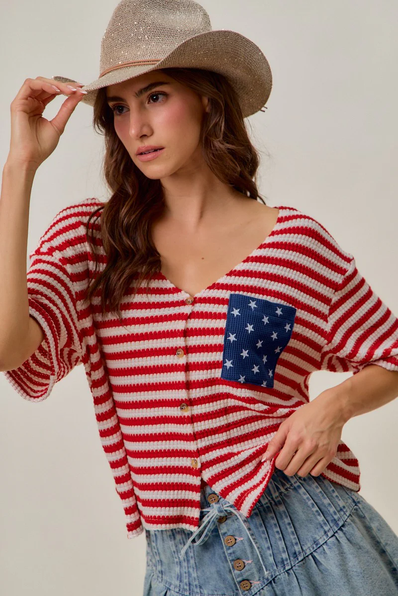 SO ME Stripe Waffle Knit Fourth Of July Cardigan Top - Image 6