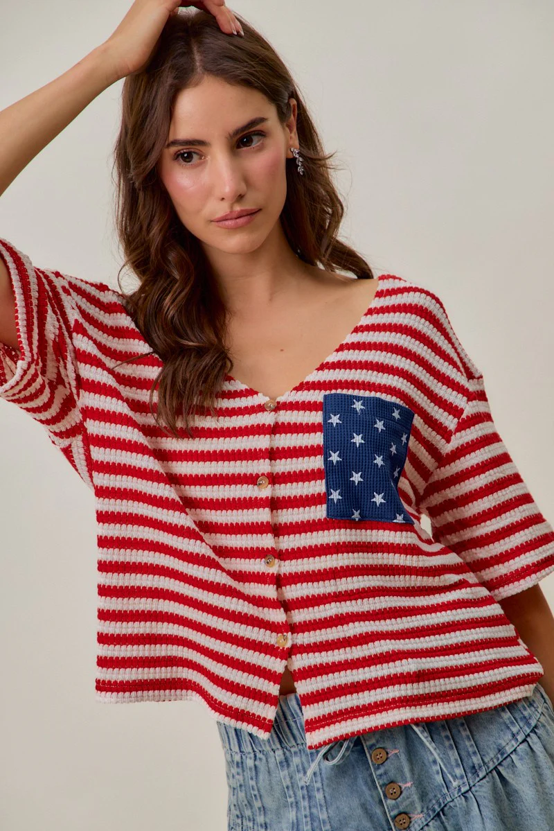 SO ME Stripe Waffle Knit Fourth Of July Cardigan Top - Image 7
