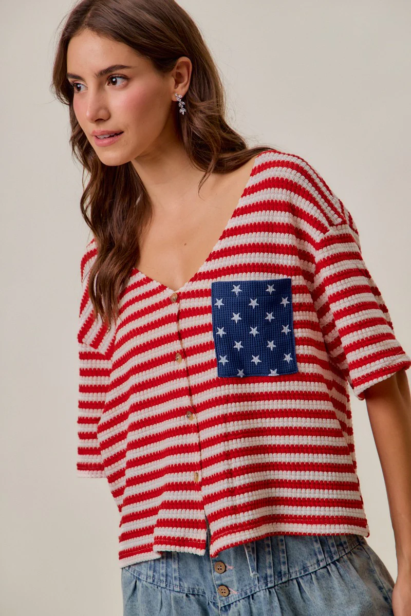 SO ME Stripe Waffle Knit Fourth Of July Cardigan Top - Image 8