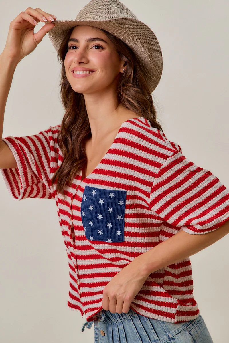 SO ME Stripe Waffle Knit Fourth Of July Cardigan Top - Image 9