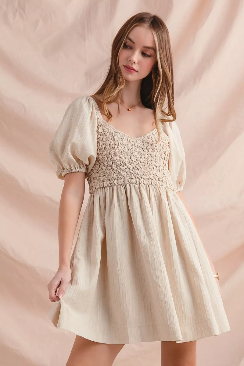 SO ME Textured Woven Daily Dress with Puff Sleeves