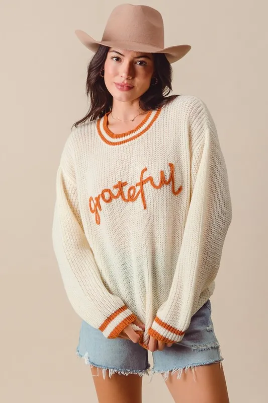 SO ME Thanksgiving Grateful Lettering Stitch Sweater - Image 2