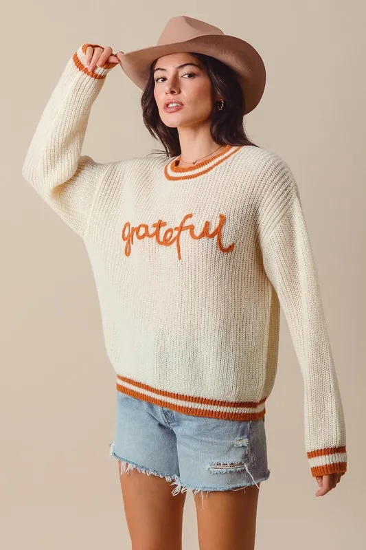 SO ME Thanksgiving Grateful Lettering Stitch Sweater - Image 9