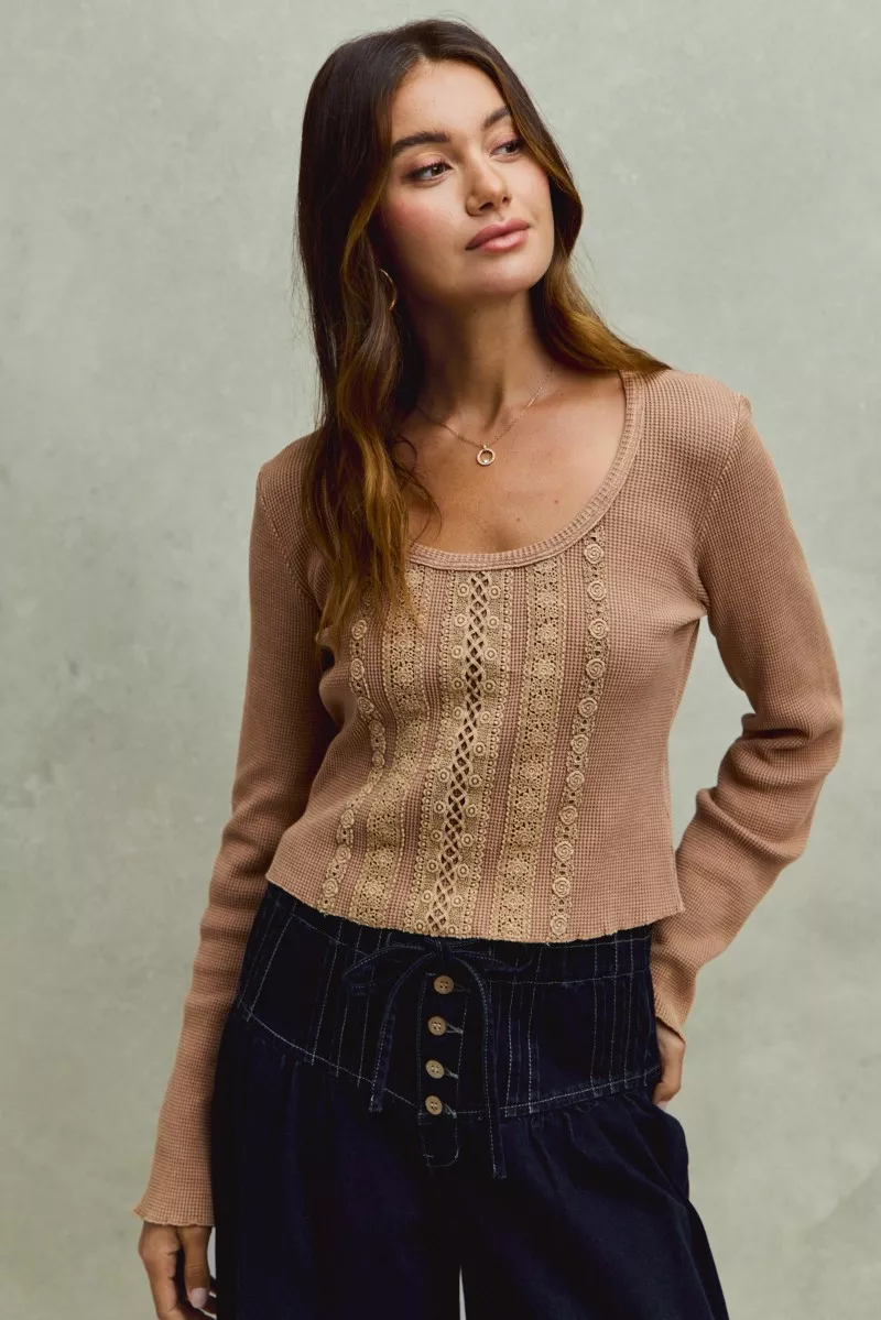 SO ME Vintage Washed Lace Crop Thermal Washed Knit Top - Image 11