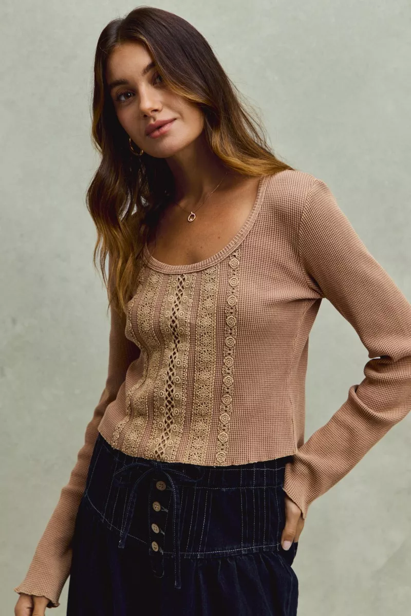 SO ME Vintage Washed Lace Crop Thermal Washed Knit Top - Image 12