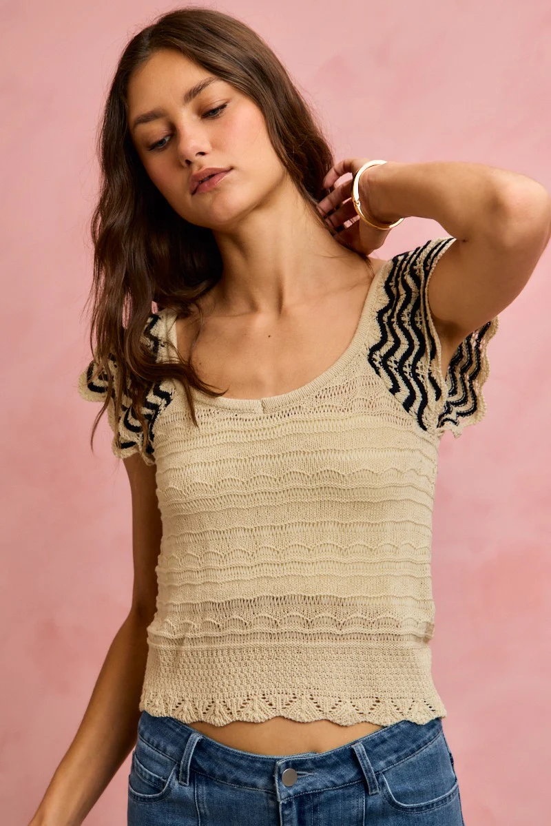 SO ME Wavy Textured Knit Top With Fluttered Sleeves - Image 5