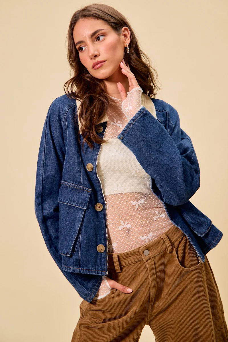 SO ME Zip Up And Buttoned Denim Jacket - Image 7