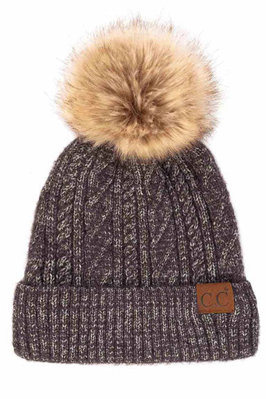 Soft Cuff Cable Knit Fur Pom C.C Beanie - Image 2
