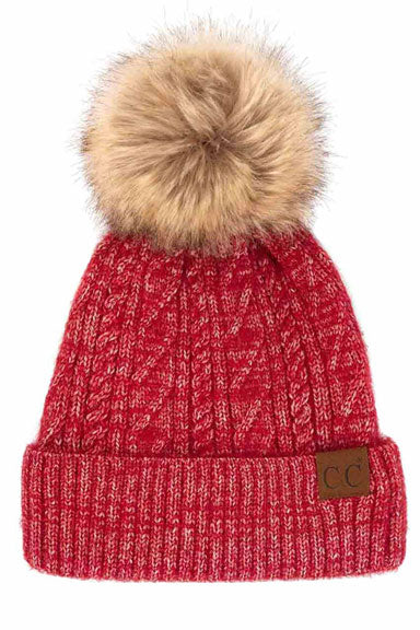 Soft Cuff Cable Knit Fur Pom C.C Beanie - Image 3