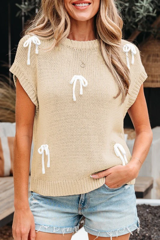 Solid Bow Applique Cap Sleeve Sweater