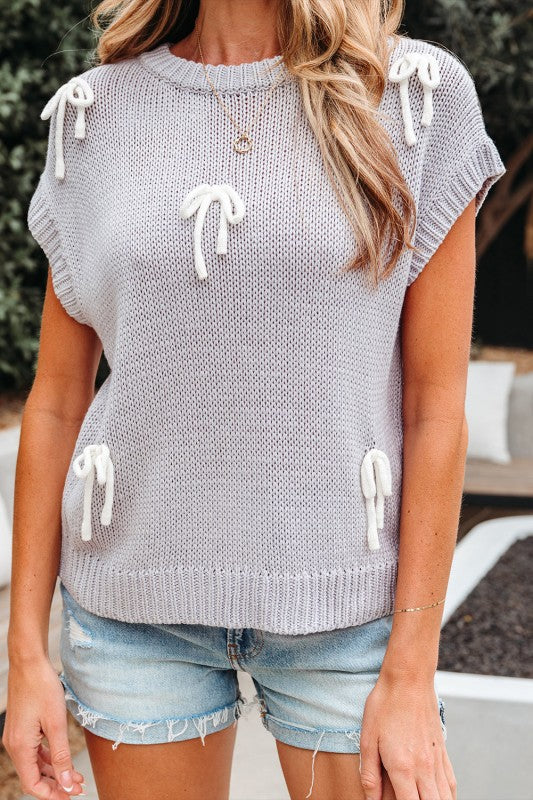 Solid Bow Applique Cap Sleeve Sweater - Image 8
