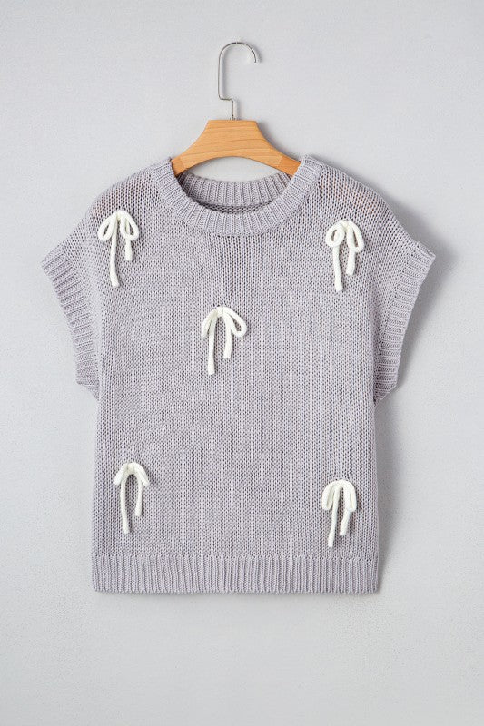Solid Bow Applique Cap Sleeve Sweater - Image 9