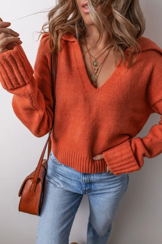 Solid Collared V-Neck Ribbed Edge Sweater - Image 4