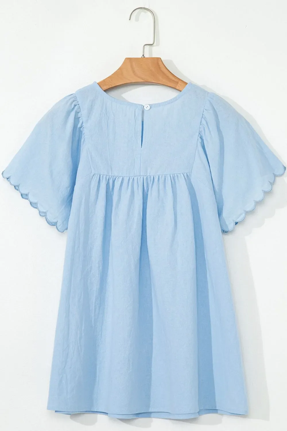 Solid Color Embroidered Scalloped Sleeves Crew Neck Blouse - Image 5