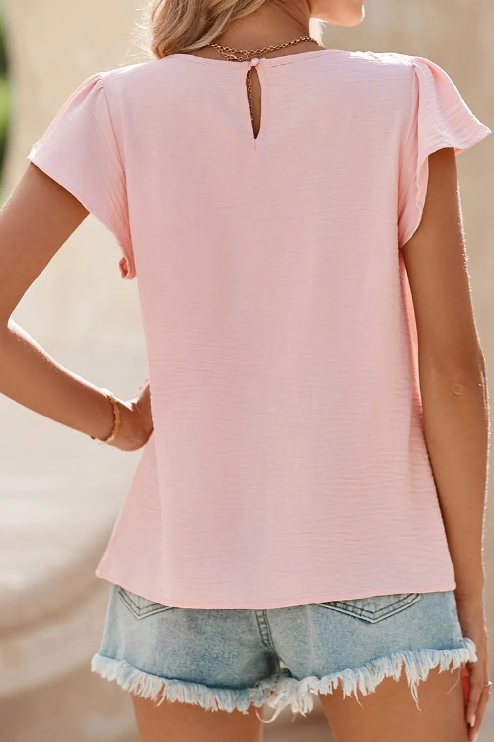 Solid Color Flounce Sleeve Pleated Round Neck Blouse - Image 3