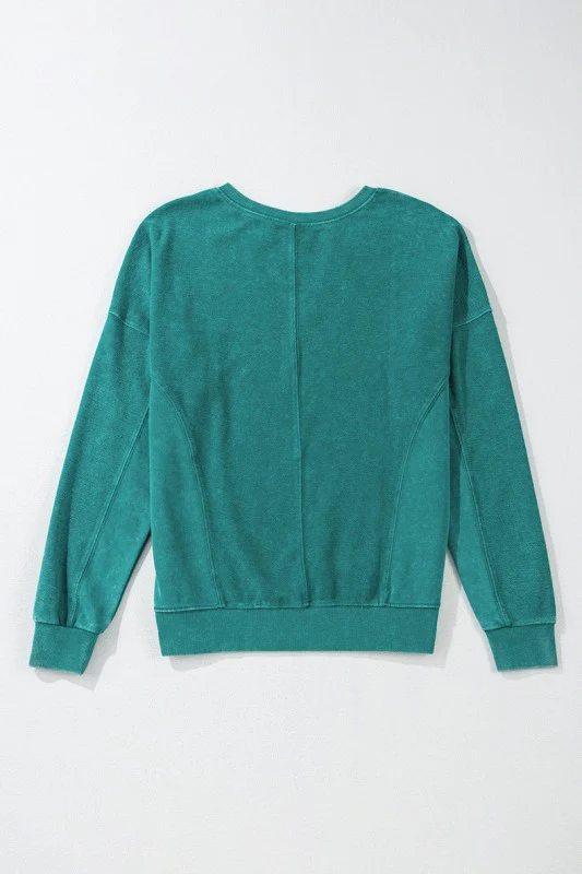 Solid Color Notched Neck Drop Shoulder Sweatshirt - Image 3