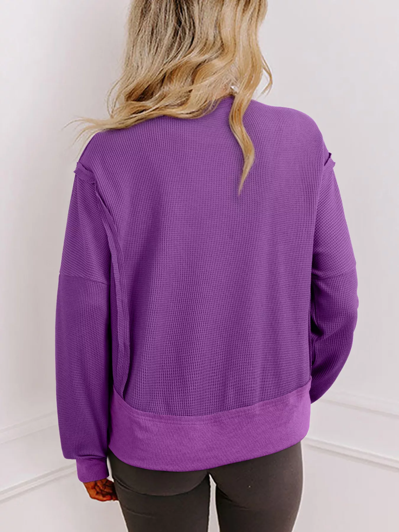 Solid Color Raw Seam Patchwork Ribbed Drop Shoulder Sweatshirt - Image 2