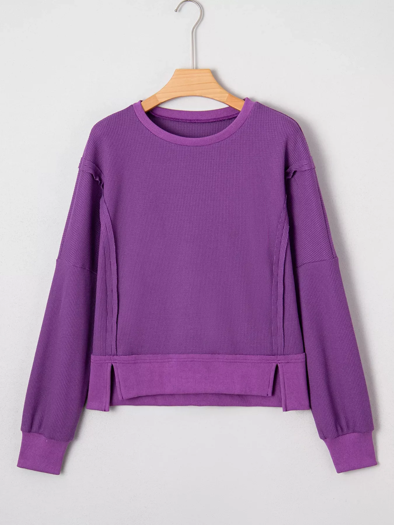 Solid Color Raw Seam Patchwork Ribbed Drop Shoulder Sweatshirt - Image 3