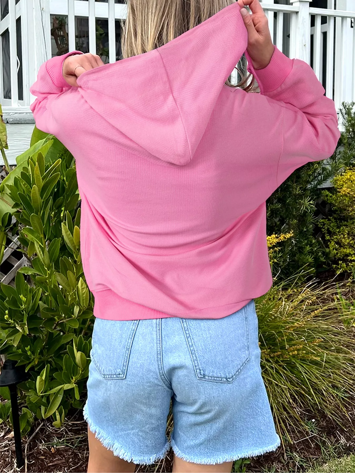 Solid Color Ribbed Zip Up Drawstring Hooded Jacket - Image 2