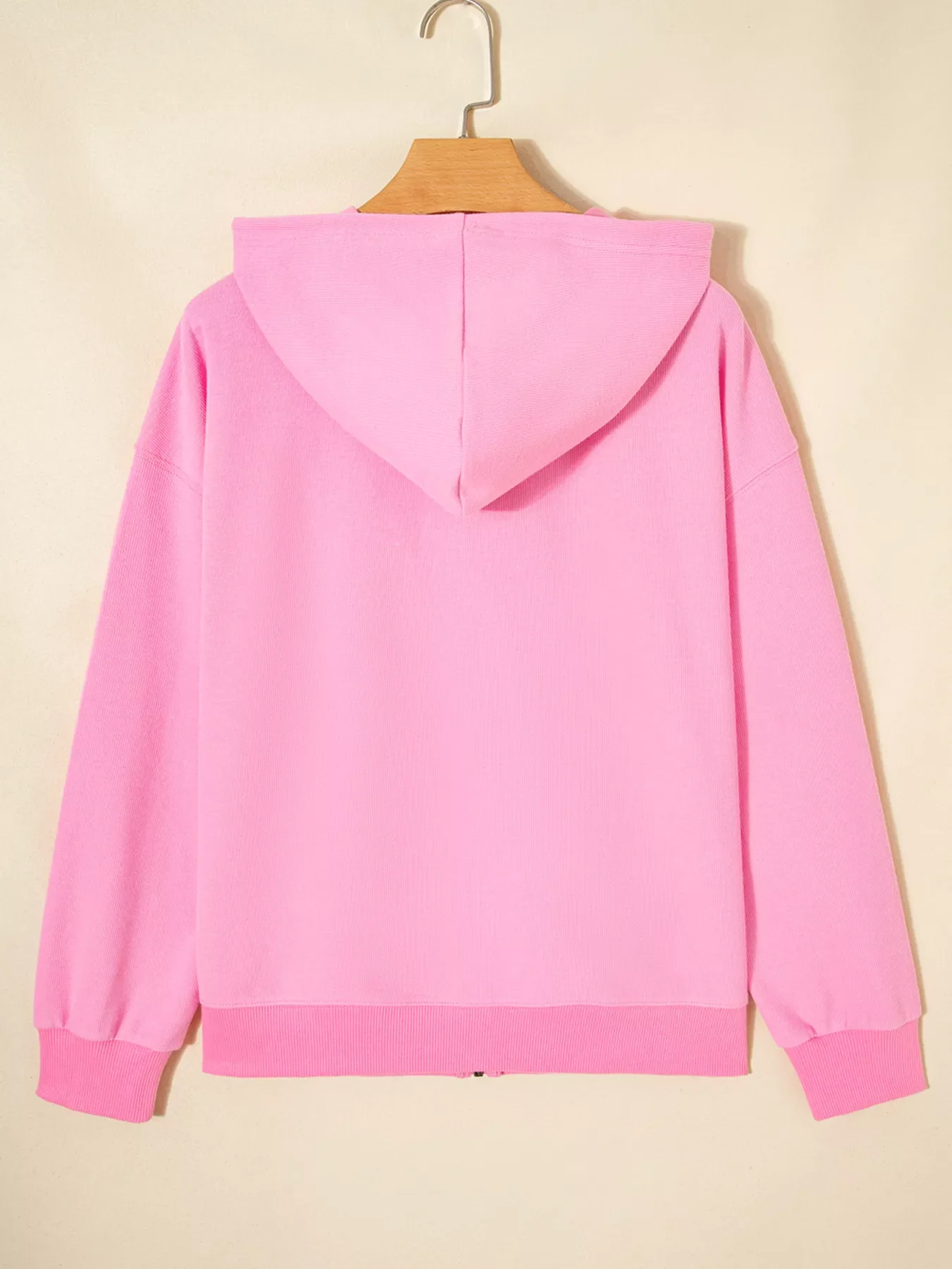 Solid Color Ribbed Zip Up Drawstring Hooded Jacket - Image 4