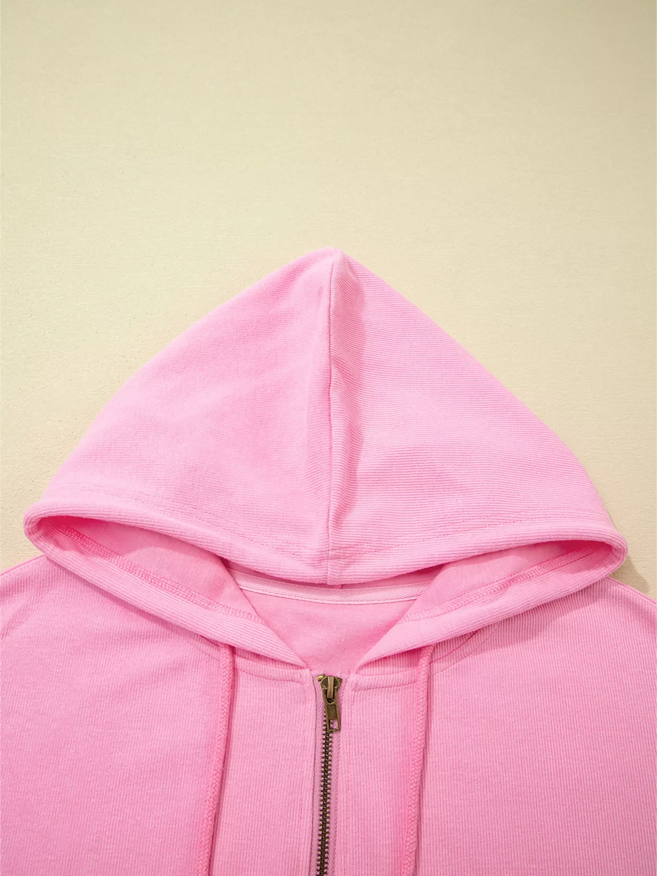Solid Color Ribbed Zip Up Drawstring Hooded Jacket - Image 5