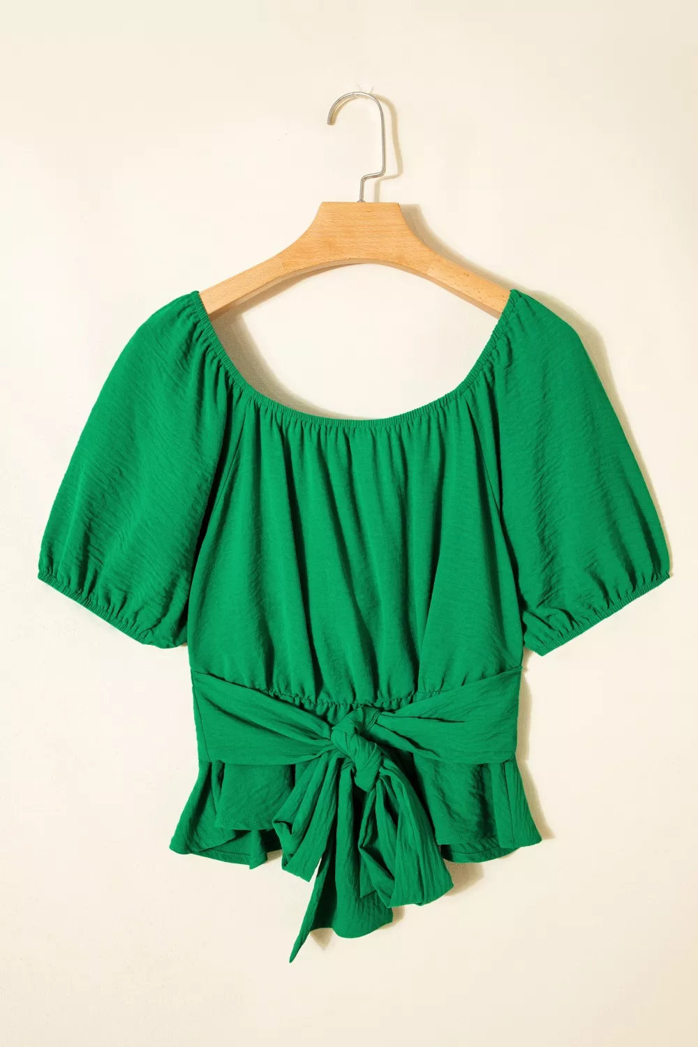 Solid Color Ruched Crossed Waist Tied Back Short Sleeve Peplum Top - Image 8