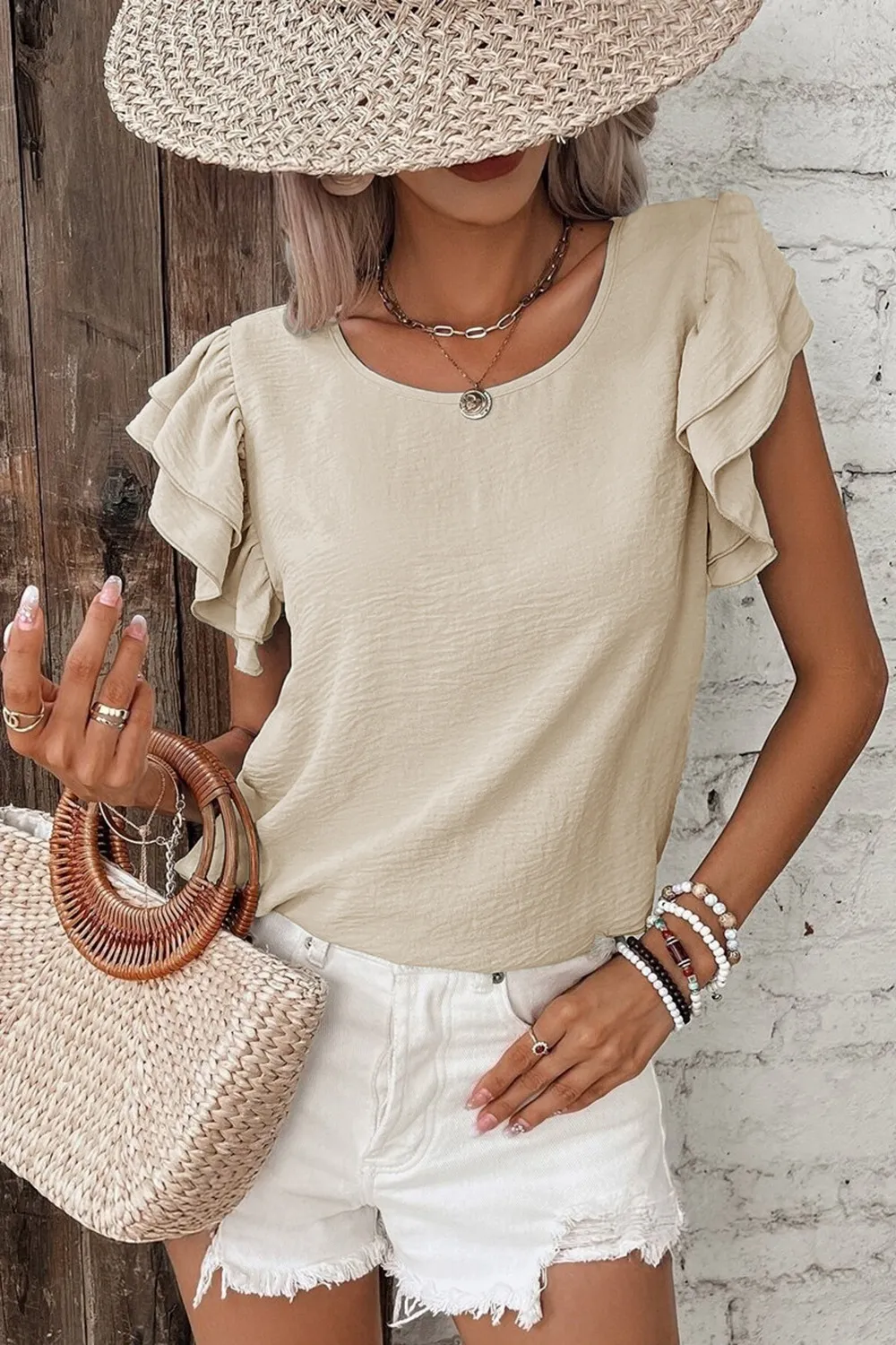 Solid Color Ruffled Short Sleeve Casual Blouse - Image 13