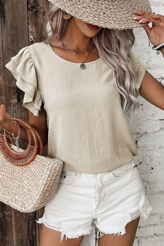Solid Color Ruffled Short Sleeve Casual Blouse - Image 15