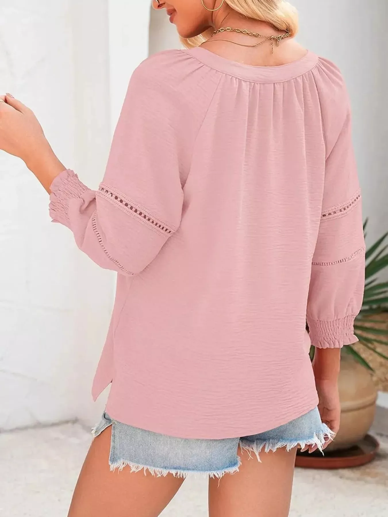 Solid Color Smocked Long Sleeve Blouse - Image 3