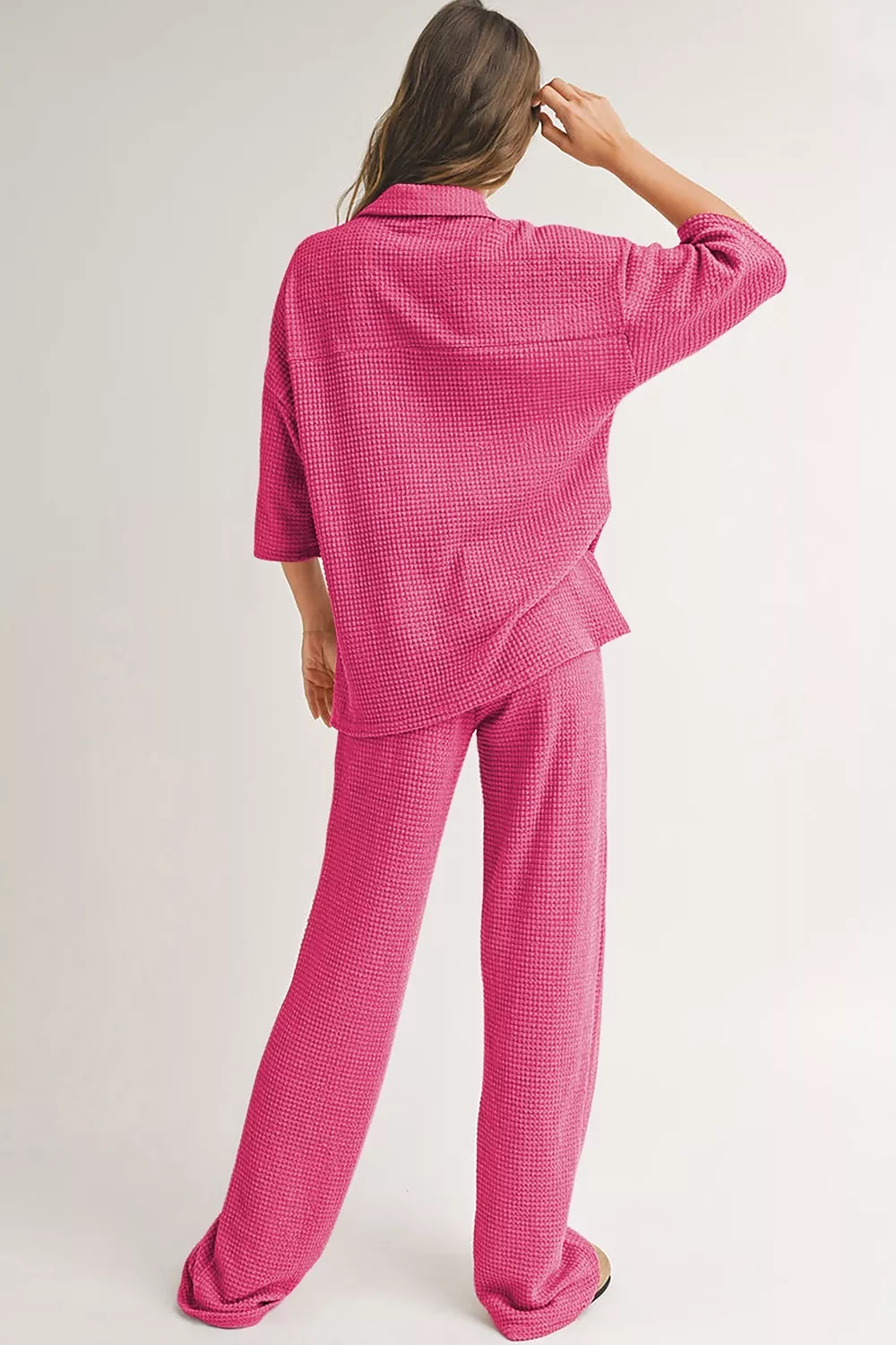 Solid Color Textured Buttoned Shirt and Casual Pants Set - Image 2