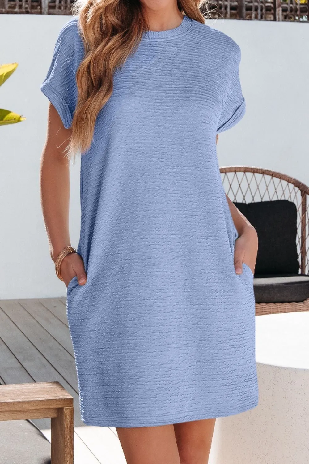 Solid Color Textured Crinkle Short Sleeve T Shirt Dress - Image 10