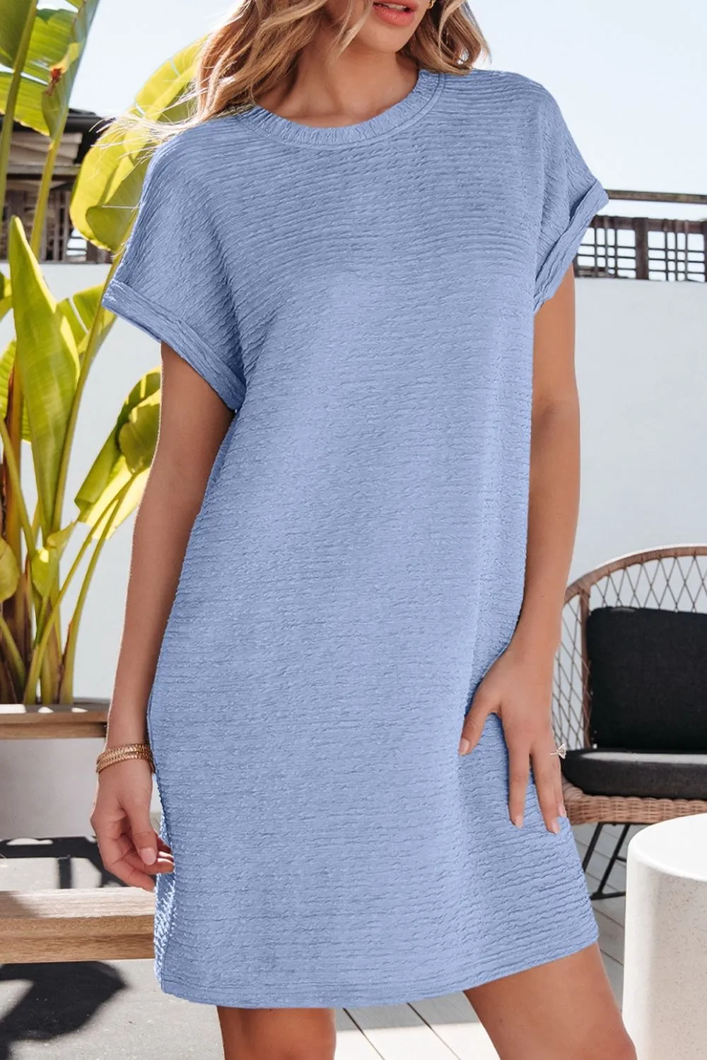Solid Color Textured Crinkle Short Sleeve T Shirt Dress - Image 12