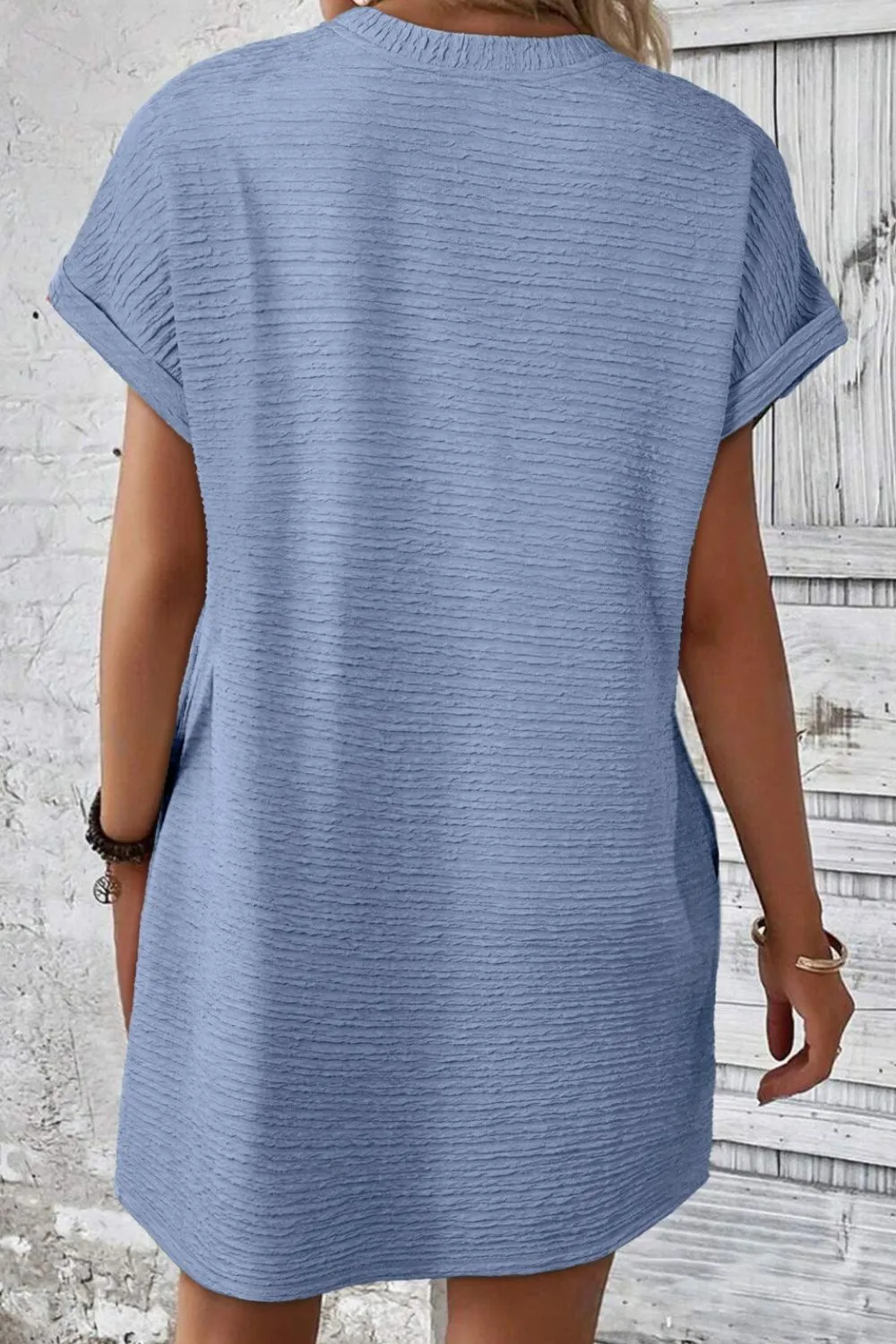 Solid Color Textured Crinkle Short Sleeve T Shirt Dress - Image 13