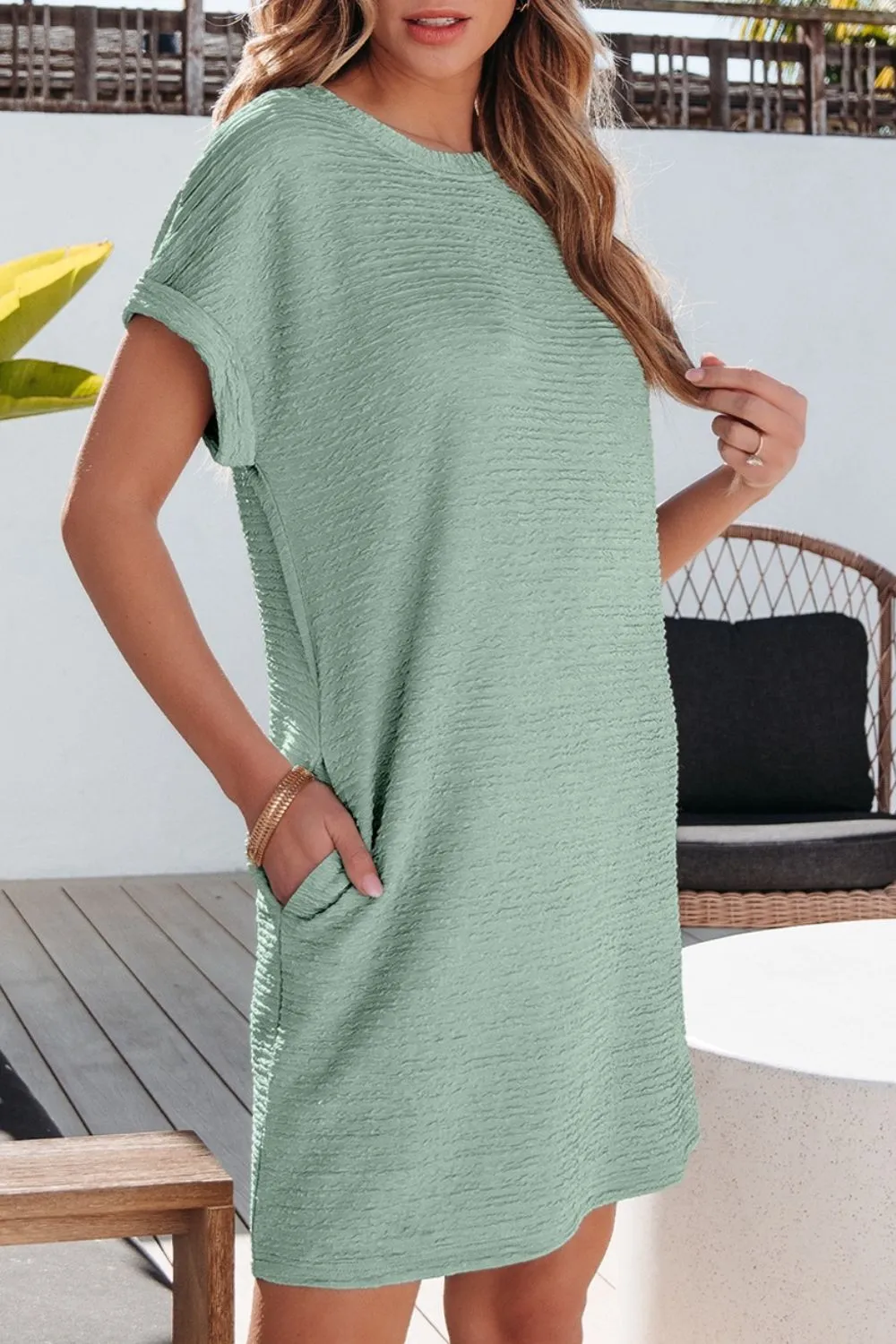 Solid Color Textured Crinkle Short Sleeve T Shirt Dress - Image 4