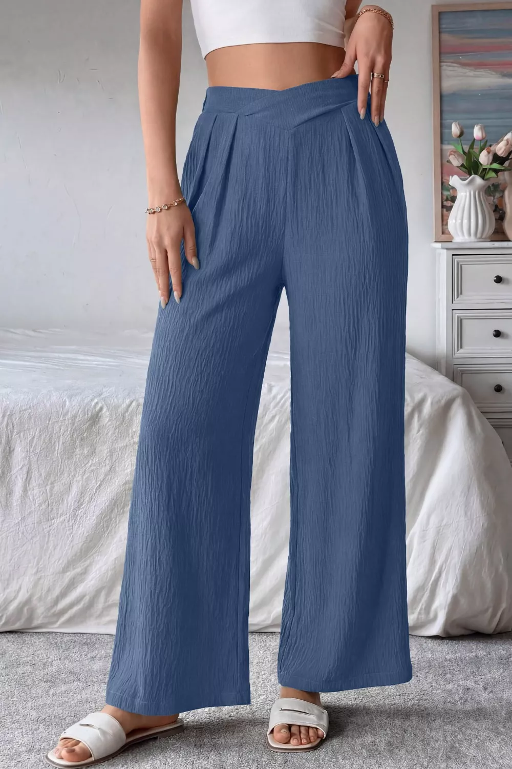 Solid Color Textured Crossed Waist Loose Pants - Image 3