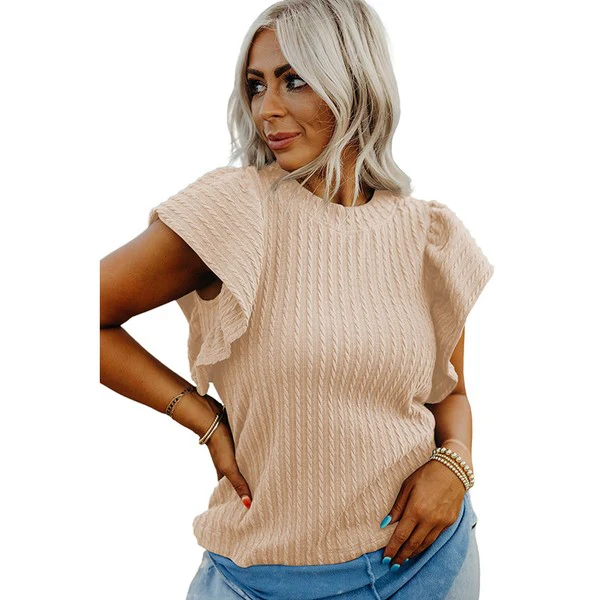 Solid Color Textured Flutter Sleeve Top - Image 11