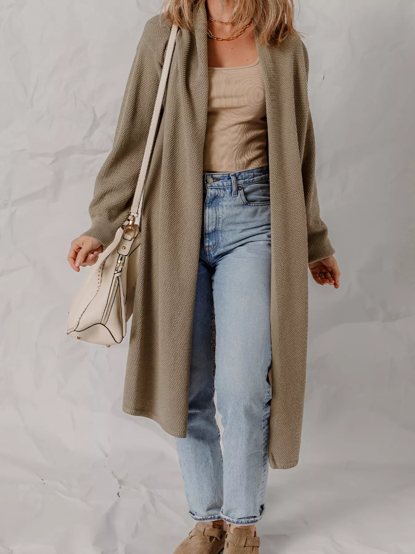 Solid Color Textured Knit Open Front Oversize Cardigan