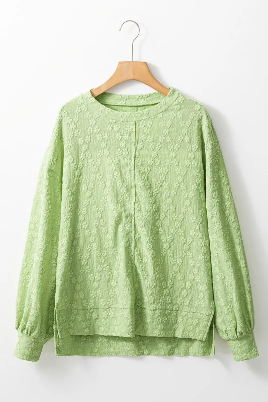 Solid Color Textured Side Split Crew Neck Blouse - Image 7