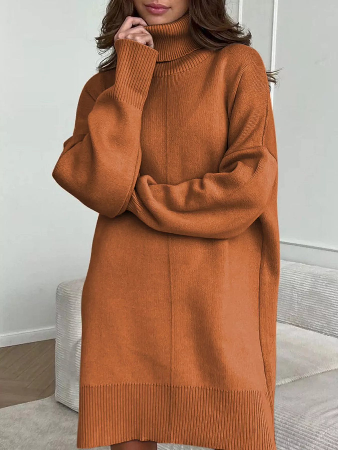 Solid Color Turtleneck Drop Shoulder Loose Sweater Dress - Image 2