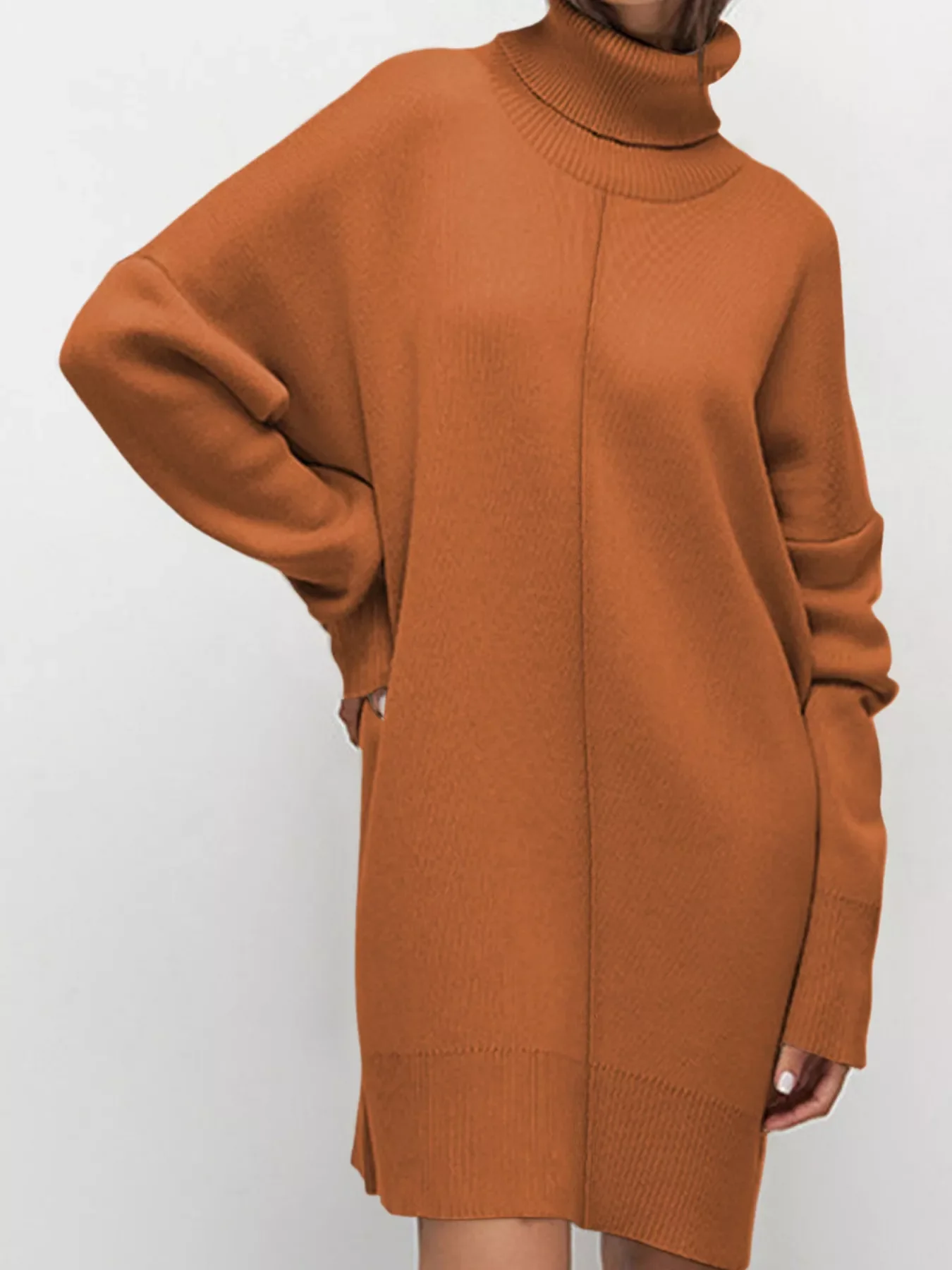 Solid Color Turtleneck Drop Shoulder Loose Sweater Dress - Image 3
