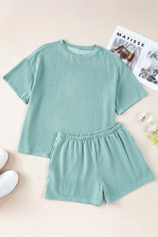 Solid Corded Short Sleeve Tee and Shorts Set - Image 12