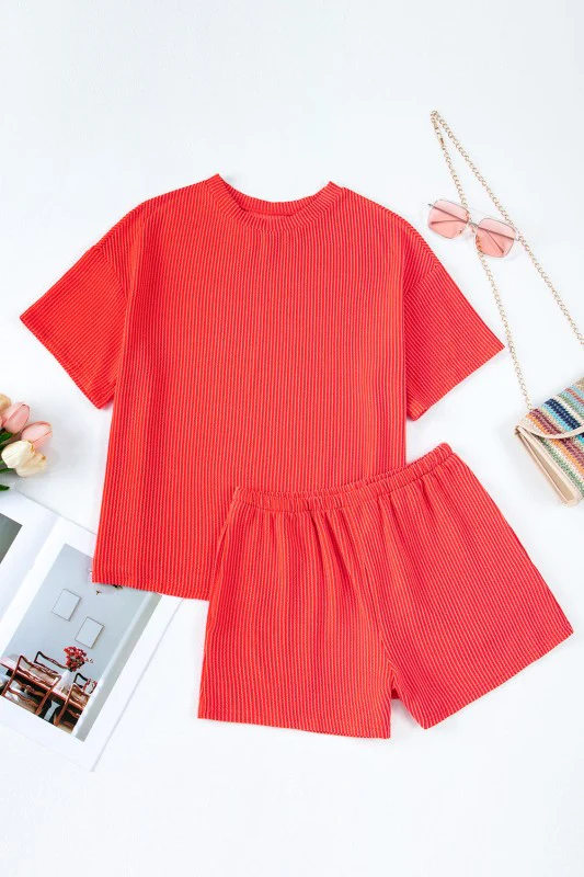Solid Corded Short Sleeve Tee and Shorts Set - Image 19