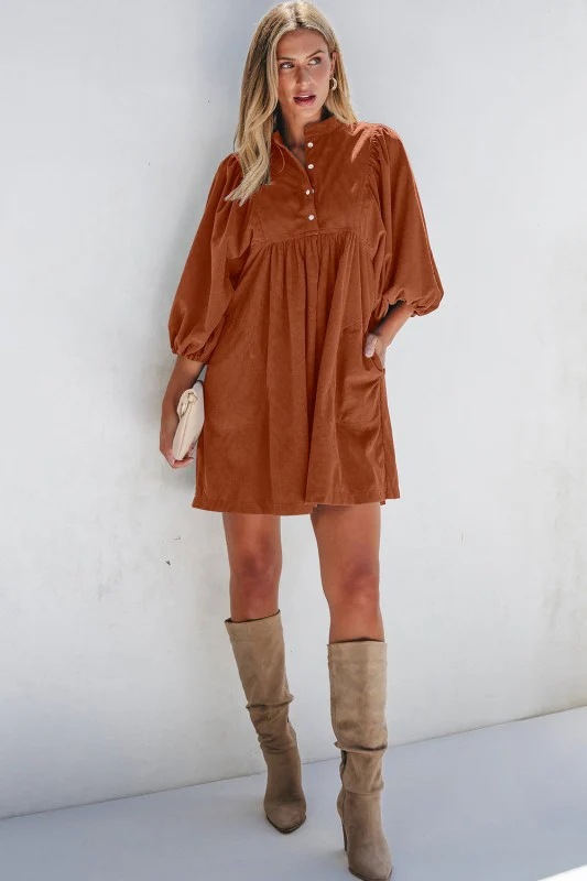 Solid Corduroy 3/4 Sleeve Snap Button Dress - Image 12