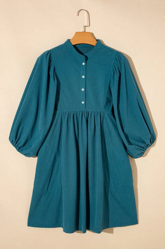 Solid Corduroy 3/4 Sleeve Snap Button Dress - Image 5