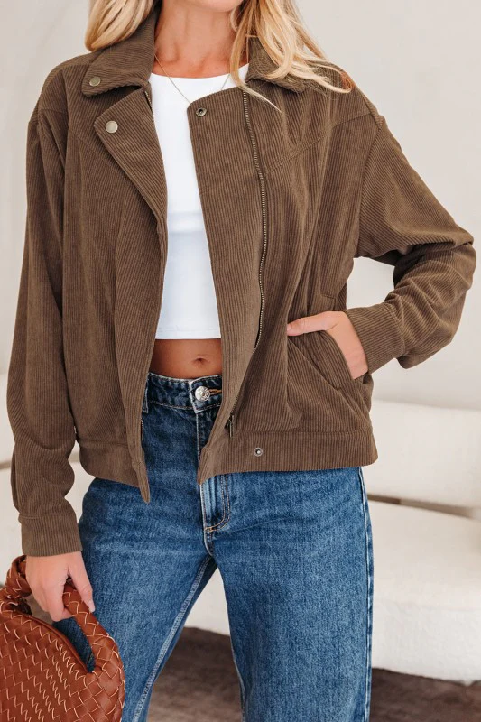 Solid Corduroy Lapel Collar Zip-Up Buttoned Jacket - Image 5